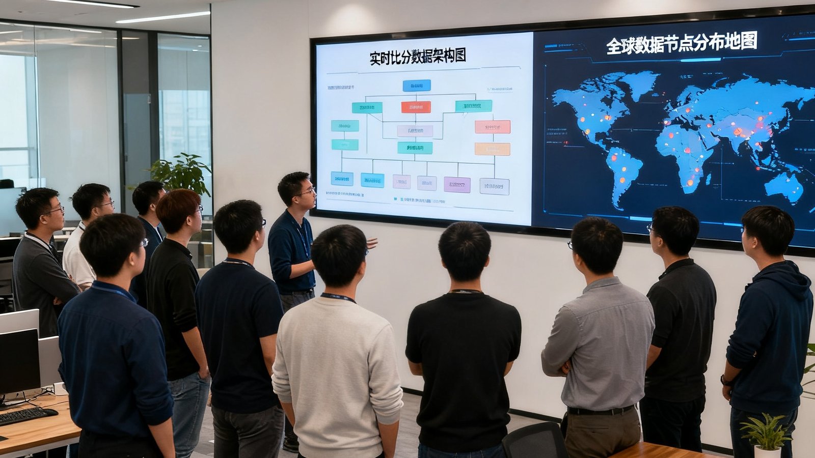 看球吧技术团队在开放式办公室中围绕大屏幕讨论产品方案，屏幕显示实时比分数据架构图和全球数据节点分布地图，团队成员约15人神情专注