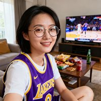 一位28岁左右的中国女性球迷头像，戴眼镜，穿着湖人队紫色球衣，背景为家中客厅观看比赛场景